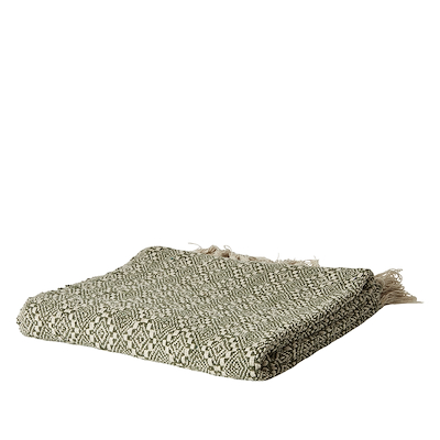 Plaid med frynser i genanvendt bomuld oliven/natur 125x150 cm