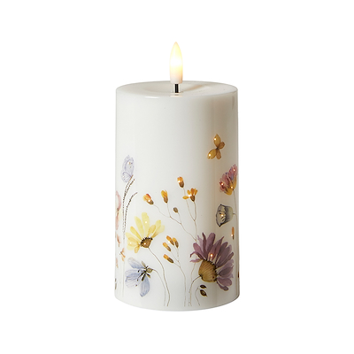 LED bloklys blomsterprint gul 12,5 cm