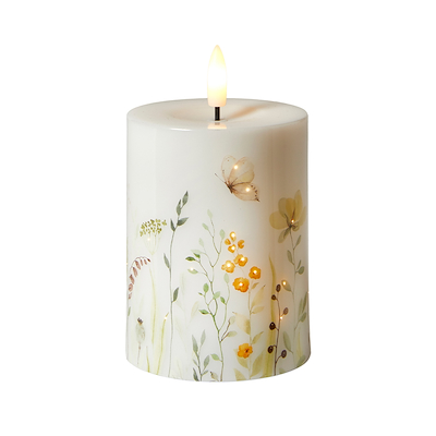 LED bloklys blomsterprint gul 10 cm