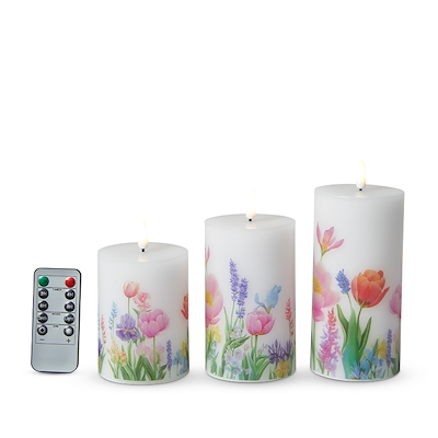 LED Bloklys med tulipanprint sæt med 3 stk. inkl. fjernbetjening