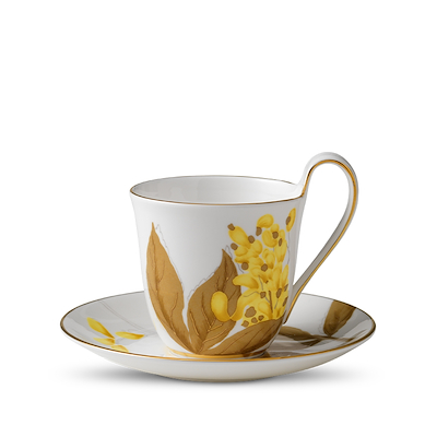 Royal Copenhagen Flora højhankskop og underkop, 27 cl. Guldregn