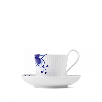 Royal Copenhagen Blå Mega Riflet højhankskop og underkop 25 cl