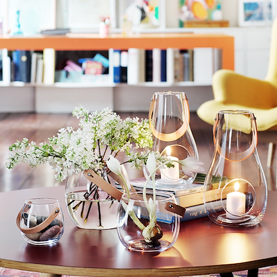 Holmegaard DWL glaskrukke med kernelæderhank klar Ø15,5 cm