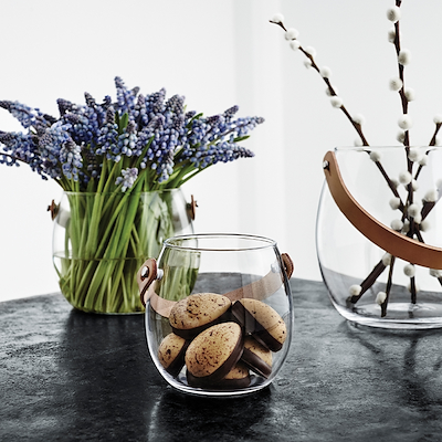 Holmegaard DWL glaskrukke med kernelæderhank klar Ø17 cm