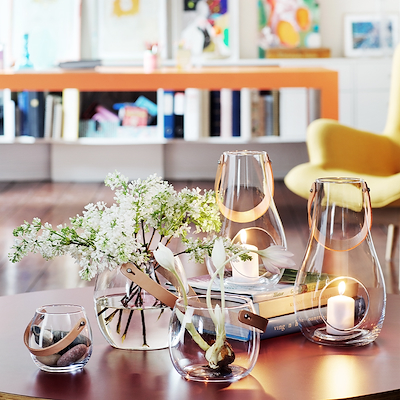 Holmegaard DWL glaskrukke med kernelæderhank klar Ø17 cm