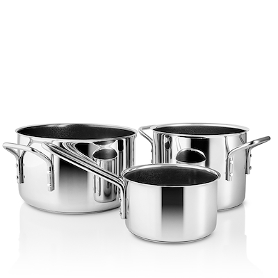 Eva Trio Recycled Stainless Steel grydesæt stål 1,1 + 2,2 + 3,6 liter keramisk Slip-Let® belægning