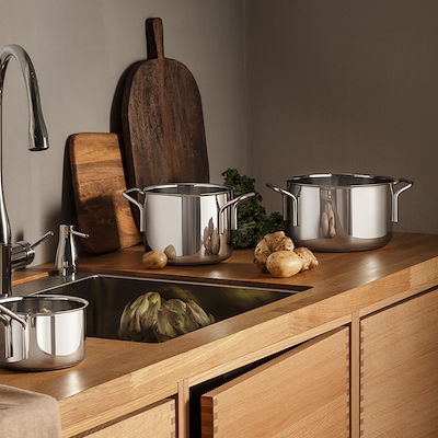 Eva Trio Recycled Stainless Steel grydesæt stål 1,1 + 2,2 + 3,6 liter