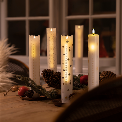 Sirius Sille kalenderlys hvid 29 cm mønstret i guld og sølv