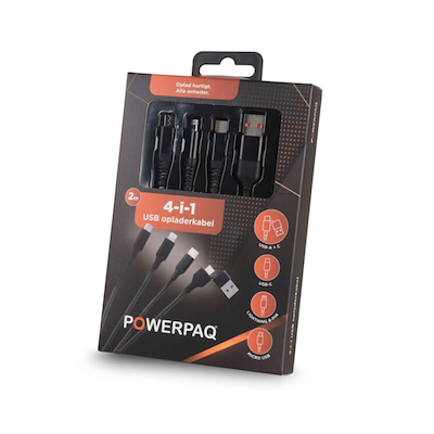 Powerpaq Multi 4-i-1 ladekabel sort 2 meter