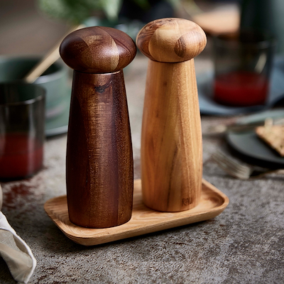 Aida RAW teak keramisk kværnsæt med bakke lys træ