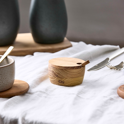 Aida RAW teaktræ saltkar med låg og ske