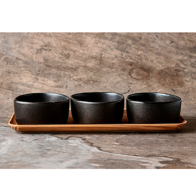 Aida RAW Titanium Black Organic miniskåle 3 stk med bakke af teaktræ