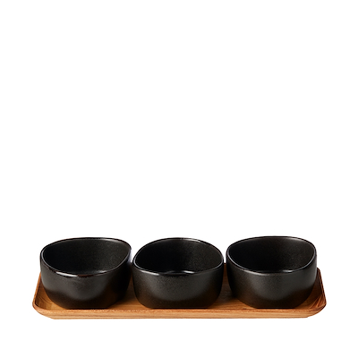 Aida RAW Titanium Black Organic miniskåle 3 stk med bakke af teaktræ