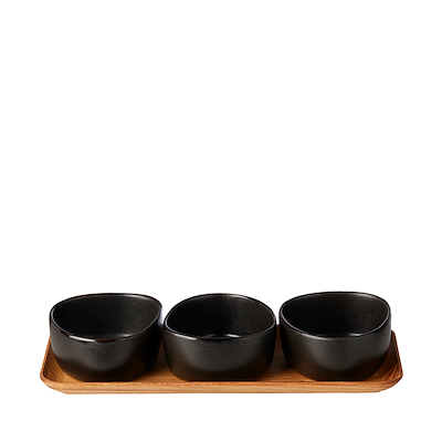 Aida RAW Titanium Black Organic miniskåle 3 stk med bakke af teaktræ