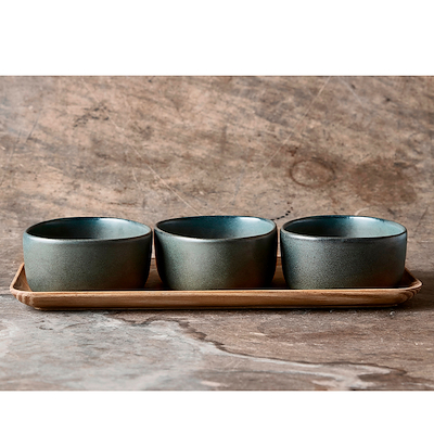 Aida RAW Northern Green miniskåle 3 stk med bakke af teaktræ