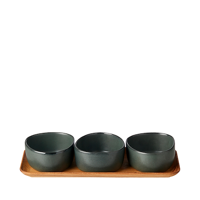 Aida RAW Northern Green miniskåle 3 stk med bakke af teaktræ
