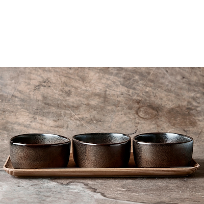 Aida RAW Metallic Brown Organic miniskåle 3 stk med bakke af teaktræ