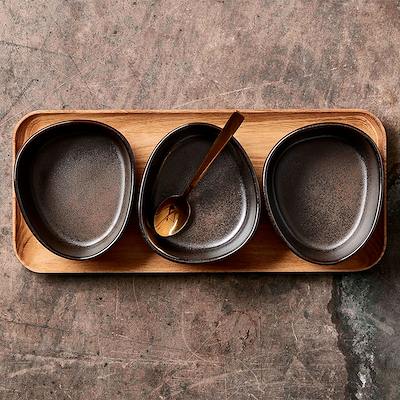 Aida RAW Metallic Brown Organic miniskåle 3 stk med bakke af teaktræ