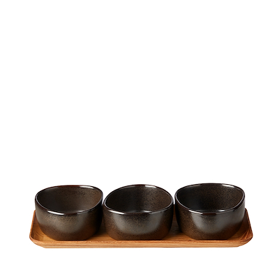 Aida RAW Metallic Brown Organic miniskåle 3 stk med bakke af teaktræ