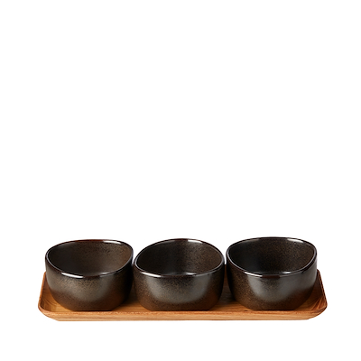 Aida RAW Metallic Brown Organic miniskåle 3 stk med bakke af teaktræ
