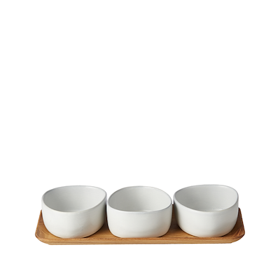 Aida RAW Arctic White Organic miniskåle 3 stk med bakke af teaktræ