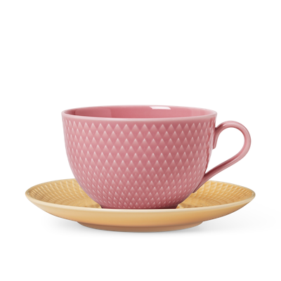 Lyngby Porcelæn Rhombe Color tekop med underkop rosa/sand 39 cl 