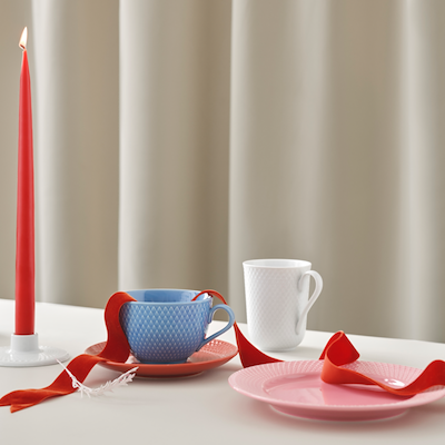 Lyngby Porcelæn Rhombe Color tekop med underkop blå/terracotta 39 cl