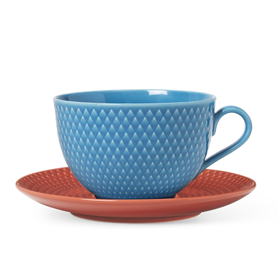 Lyngby Porcelæn Rhombe Color tekop med underkop blå/terracotta 39 cl 