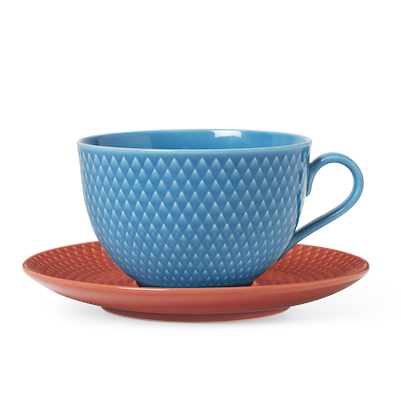 Lyngby Porcelæn Rhombe Color tekop med underkop blå/terracotta 39 cl