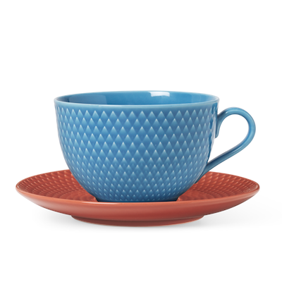 Lyngby Porcelæn Rhombe Color tekop med underkop blå/terracotta 39 cl 