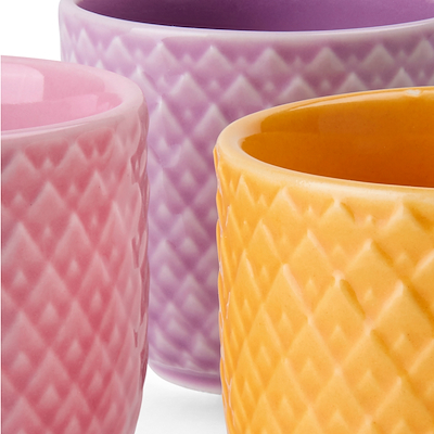 Lyngby Porcelæn Rhombe Color æggebæger 3 stk. gul/rosa/lilla Ø 5 cm