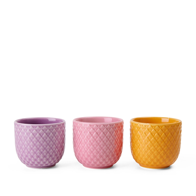 Lyngby Porcelæn Rhombe Color æggebæger 3 stk. gul/rosa/lilla Ø5 cm