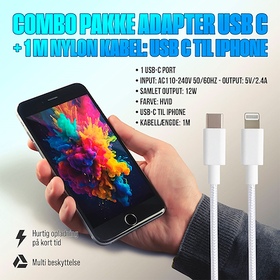 Combo pack Adapter USB C + 1 meter nylon kabel: USB C til iphone
