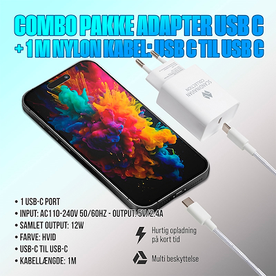 Combo pack med Adapter USB C + 1 M Nylon kabel: USB C to USB C