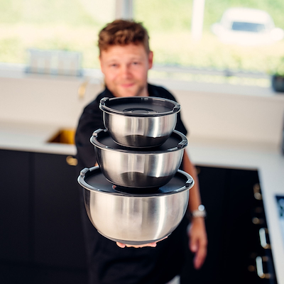 Sobczyk røreskålesæt med låg og silikonebund 3 stk. rustfrit stål