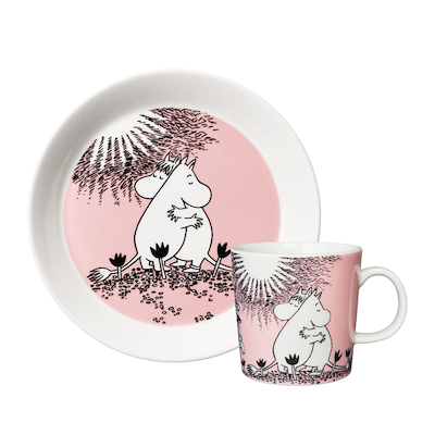 Moomin Arabia Kærlighed 30 års jubilæums sæt krus og tallerken lyserød