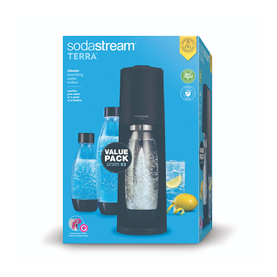 Sodastream Terra Megapack danskvandsmaskine sort 1 liter inkl. kulsyrepatron og 3 flasker