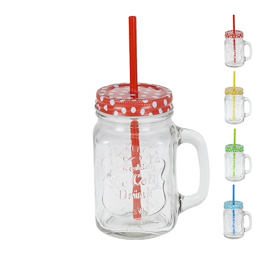 Drikkeglas med låg og sugerør 450 ml i 4 assorterede farver