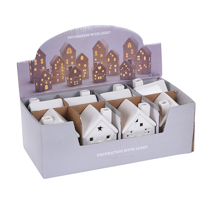 Hvidt hus med LED lys porcelæn 8 cm assorteret