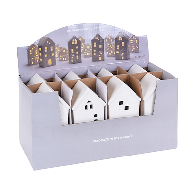 Hvidt hus med LED lys porcelæn 16,40 cm assorteret