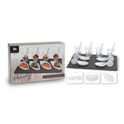 Serveringssæt 13 dele porcelæn/skifer assorteret