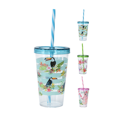 Læskedrikkrus med sugerør 660 ml i 3 assorterede design