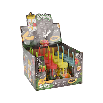 Drikkeglas med låg og sugerør assorterede farver 370 ml