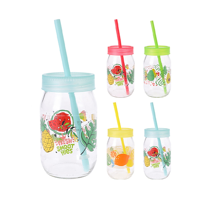 Drikkeglas med låg og sugerør assorterede farver 370 ml