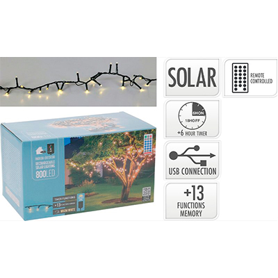 Solar lyskæde med 800 LED varm hvid 16+3 meter