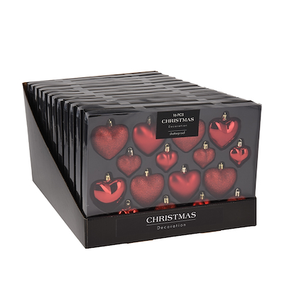 Julekugler hjerter rød 16 stk.