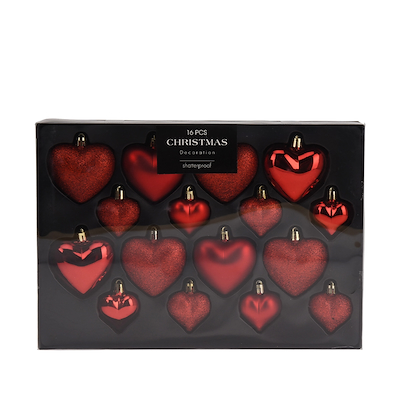 Julekugler hjerter rød 16 stk.