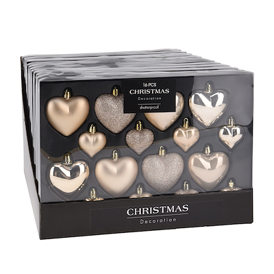 Julekugler hjerter champagne 16 stk.