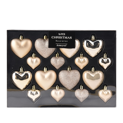 Julekugler hjerter champagne 16 stk.