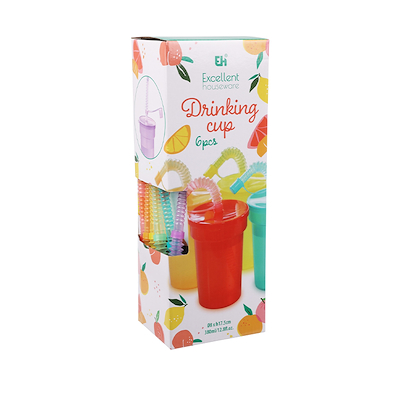 Drikke krus med sugerør 380 ml - 6 assorterede farver